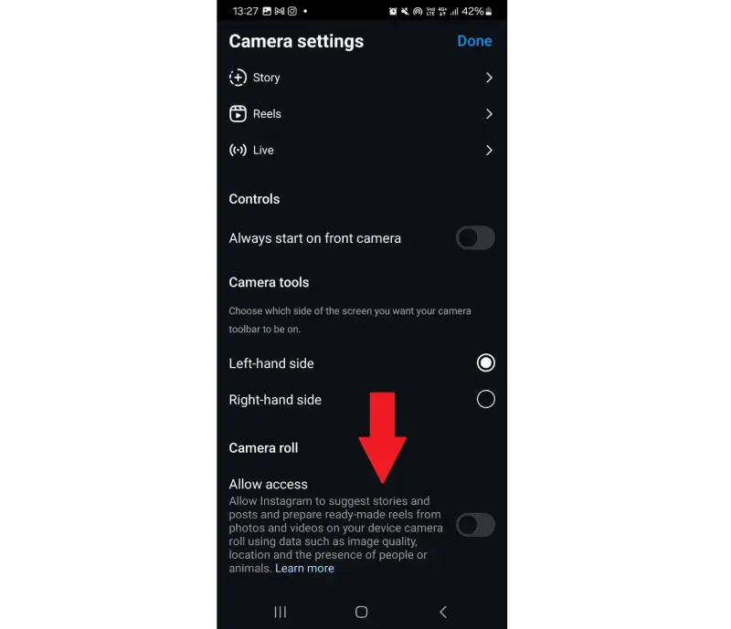 اجازه دادن از تنظیمات camera roll