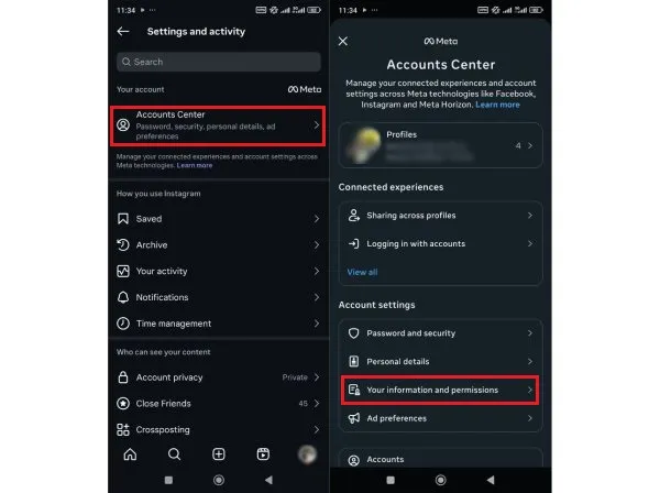 حذف سرچ اینستاگرام در Accounts Center