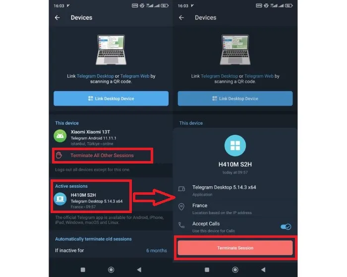 دیدن نشست های فعال تلگرام در اندروید