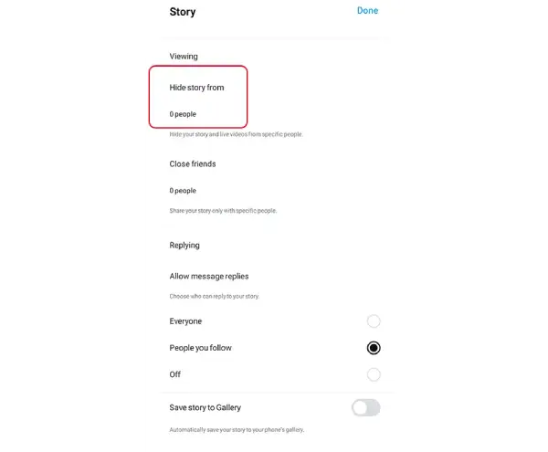 انتخاب اکانتهای کاربری برای هاید کردن استوری اینستاگرام از بخش Hide story from