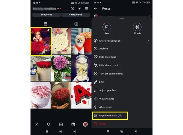 برداشتن پین پست اینستاگرام (Unpin)