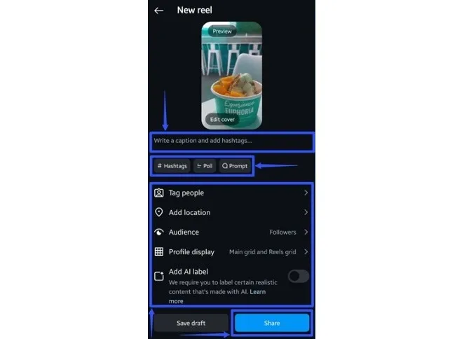 افزودن توضیحات و هشتگها به ریلز
